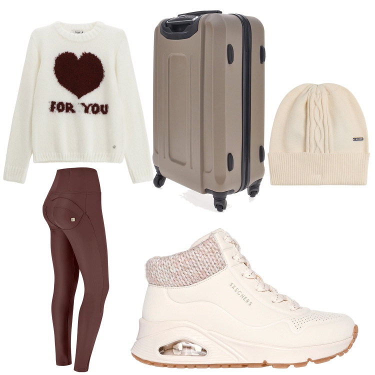 Outfit donna - Weekend in montagna. Stile Casual per Tutti i giorni. Abbinamento con pullovers, pantaloni skinny, cappelli, valigie, sneakers.
