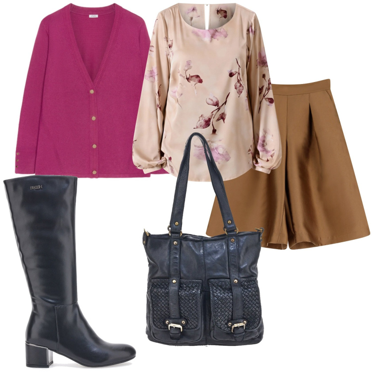Outfit donna - La giornata di impegni. Stile Urban per Tutti i giorni. Abbinamento con bluse, bermuda, borse a spalla, stivali, cardigans.