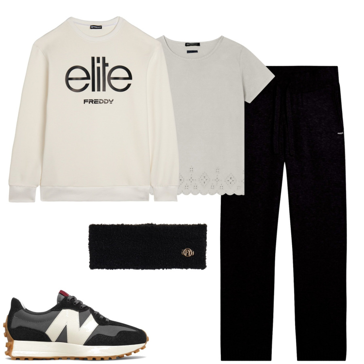 Outfit donna - Freddy. Stile Casual per Tutti i giorni. Abbinamento con sneakers, t-shirt, felpe, pantaloni, fasce per capelli.
