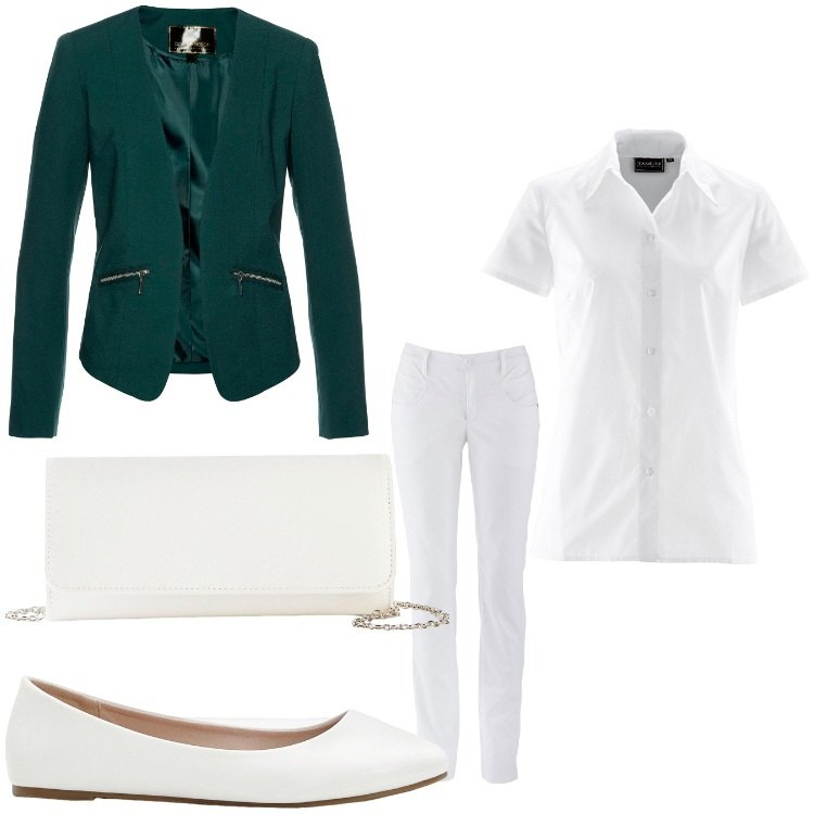 Outfit donna - Bianco bon ton. Stile Bon Ton per Serata fuori. Abbinamento con blazer, pochette, pantaloni, camicie a manica corta, ballerine.