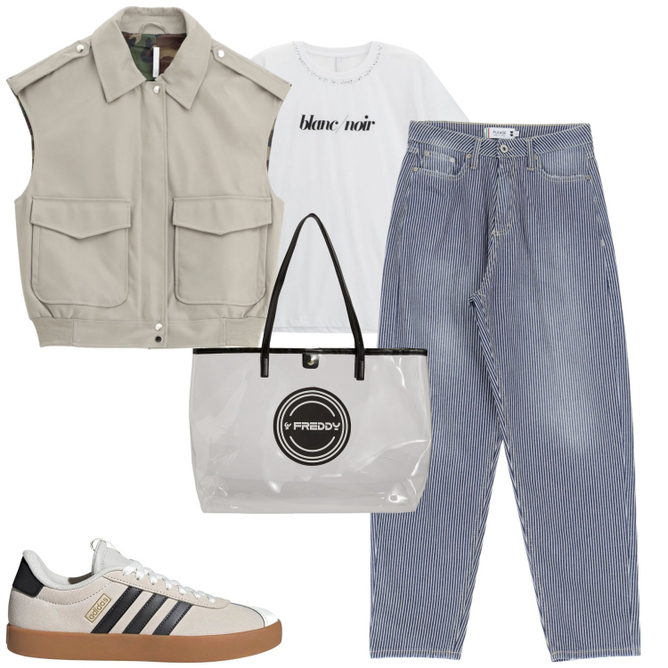 Outfit donna - Settembre. Stile Casual per Tutti i giorni. Abbinamento con jeans mom, gilet, t-shirt, shopping bag, sneakers.
