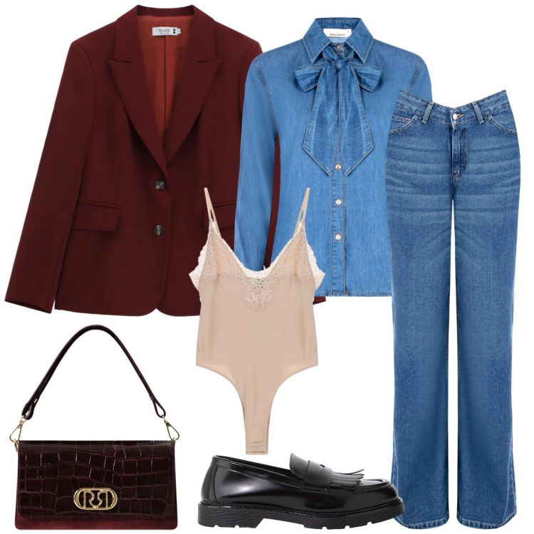 Outfit donna - Jeans chic. Stile Casual chic per Tutti i giorni. Abbinamento con jeans, camicie, borse a mano, blazer, body, mocassini.