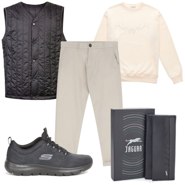 Outfit uomo - Total look #2242379. Stile Casual per Tutti i giorni. Abbinamento con pantaloni chino, piumini, felpe, portachiavi, sneakers.