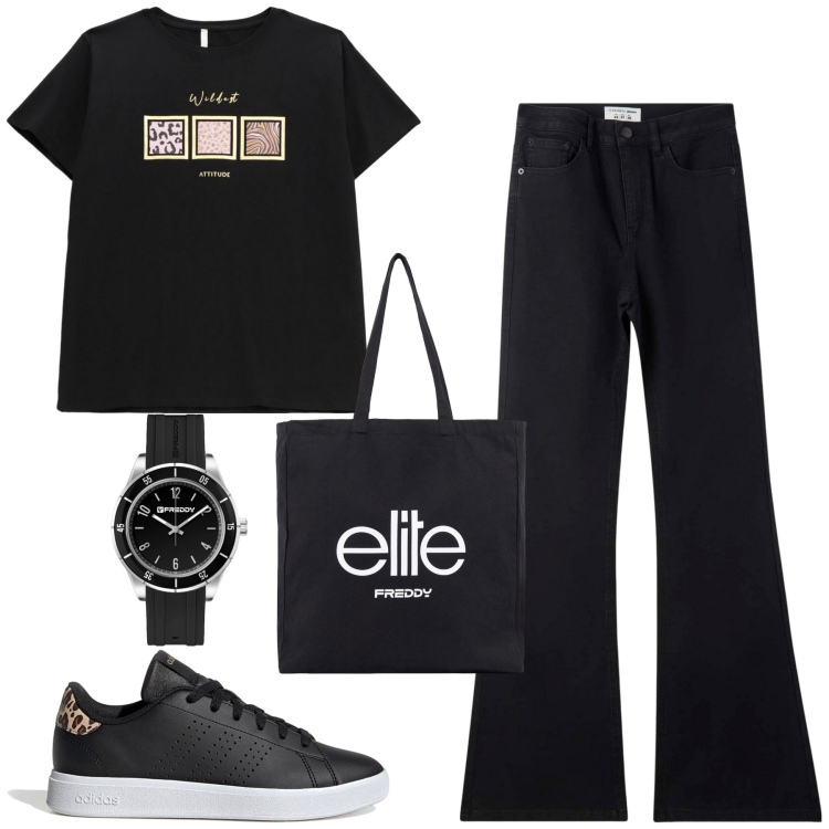 Outfit donna - Black. Stile Casual per Tutti i giorni. Abbinamento con jeans a zampa, t-shirt, orologi, shopping bag, sneakers.