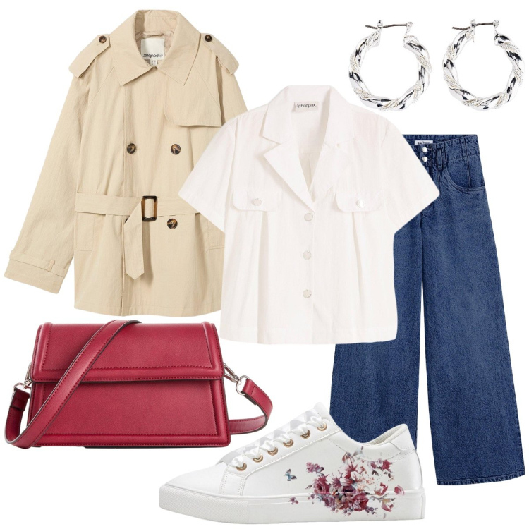 Outfit donna - Il trench beige. Stile Casual chic per Tutti i giorni. Abbinamento con jeans, trench, bluse, sneakers, borse a tracolla, orecchini.