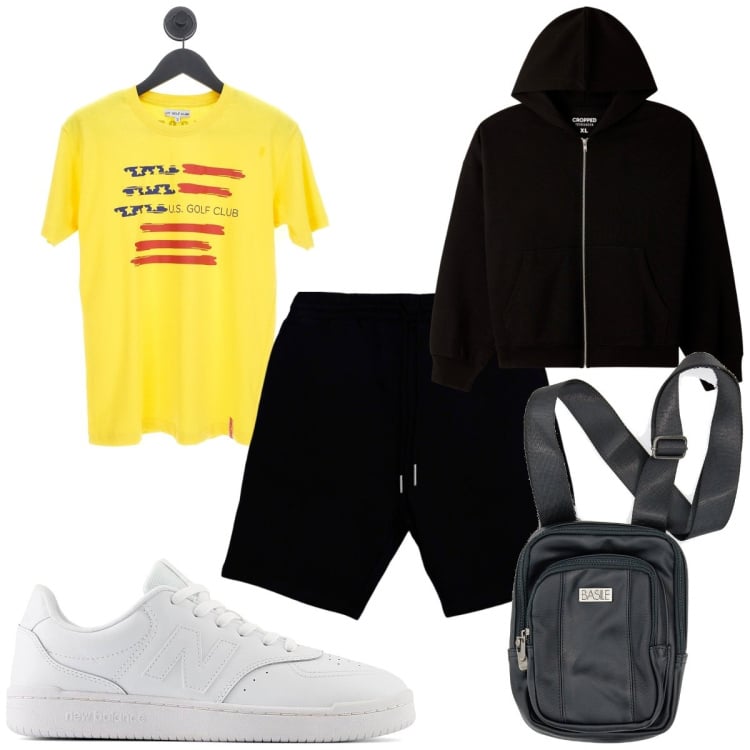 Outfit uomo - Total look #2242392. Stile Trendy per Tutti i giorni. Abbinamento con pantaloni corti, felpe con cappuccio, t-shirt, borse sportive, sneakers.