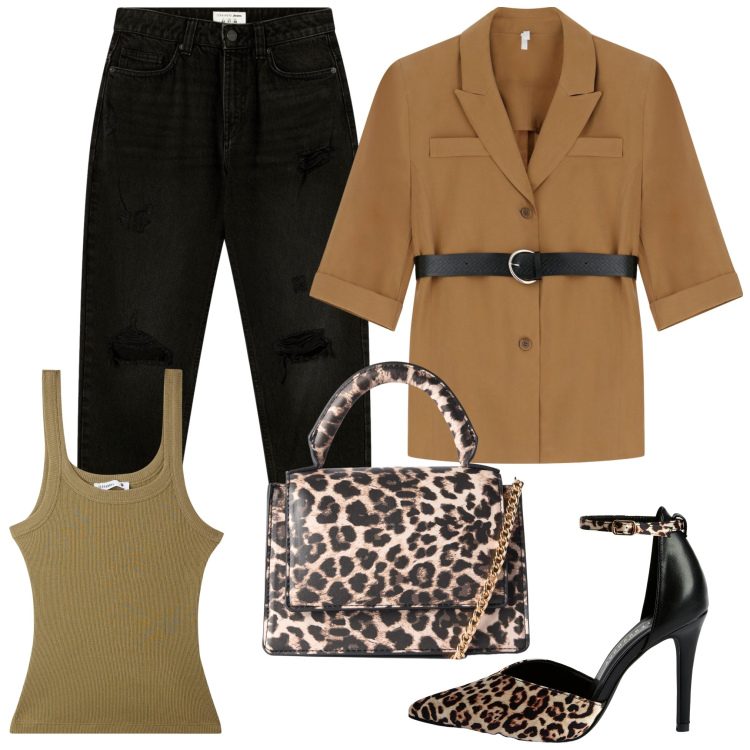 Outfit donna - Giacca e pantaloni. Stile Casual chic per Tutti i giorni. Abbinamento con décolleté, canottiere, borse a tracolla, jeans mom, blazer.