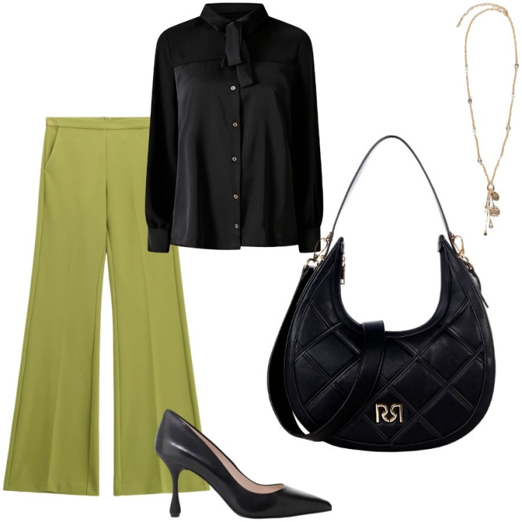 Outfit donna - Riunione di lavoro. Stile Chic per Ufficio. Abbinamento con camicie, borse a tracolla, pantaloni, décolleté, ciondoli.