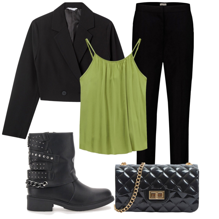 Outfit donna - Serata al locale. Stile Rock per Serata fuori. Abbinamento con borse a tracolla, blazer, top, stivaletti, pantaloni.