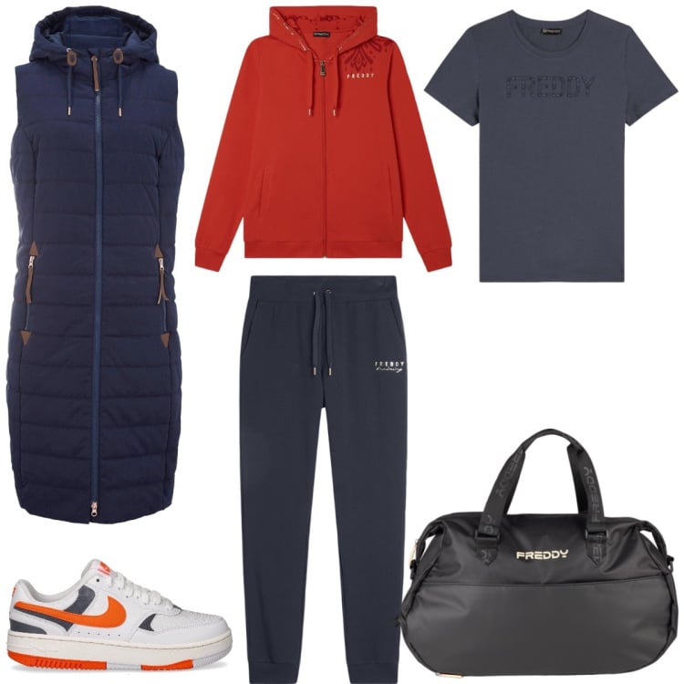 Outfit donna - Ritorno in palestra. Stile Sporty chic per Sport. Abbinamento con gilet, tute, borse sportive, t-shirt, sneakers.