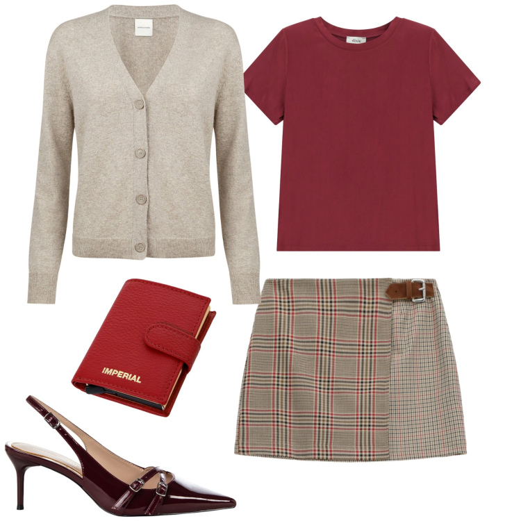 Outfit donna - Settembre. Stile Trendy per Tutti i giorni. Abbinamento con décolleté, portafogli, minigonne, t-shirt, cardigans.