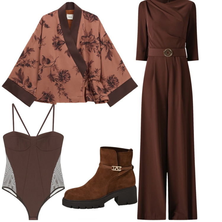 Outfit donna - Un po’ orientale. Stile Casual chic per Tutti i giorni. Abbinamento con tute, stivaletti, body, blazer.