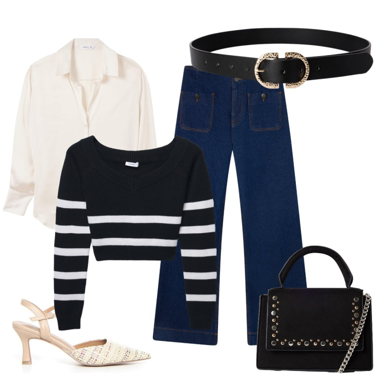 Outfit donna - Back to work? Yes, baby!. Stile Glamour per Ufficio. Abbinamento con jeans, camicie, borse a tracolla, cinture, maglieria, sandali col tacco.