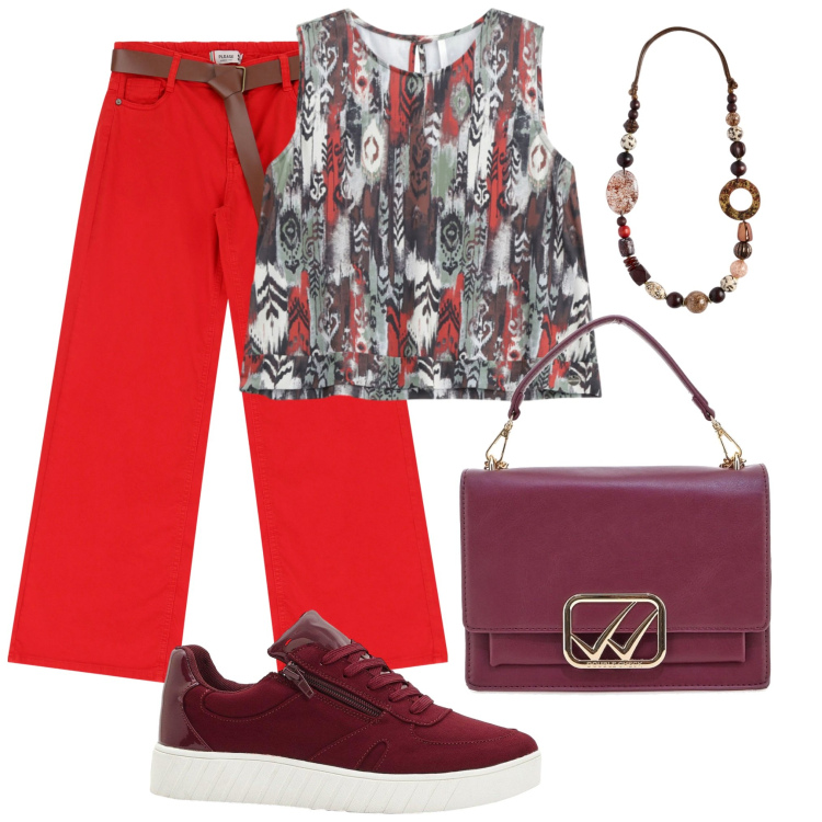 Outfit donna - Rosso e bordeaux. Stile Casual per Tutti i giorni. Abbinamento con sneakers, pantaloni, top, borse a tracolla, collane.