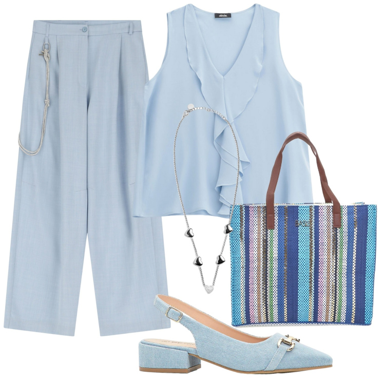 Outfit donna - In Azzurro con la borsa estiva. Stile Casual per Tutti i giorni. Abbinamento con décolleté, pantaloni, top, collane, shopping bag.