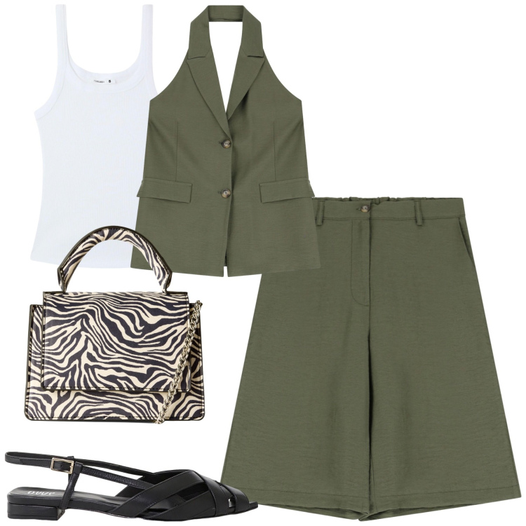 Outfit donna - City. Stile Casual chic per Tutti i giorni. Abbinamento con borse a tracolla, canottiere, sandali, shorts, gilet.