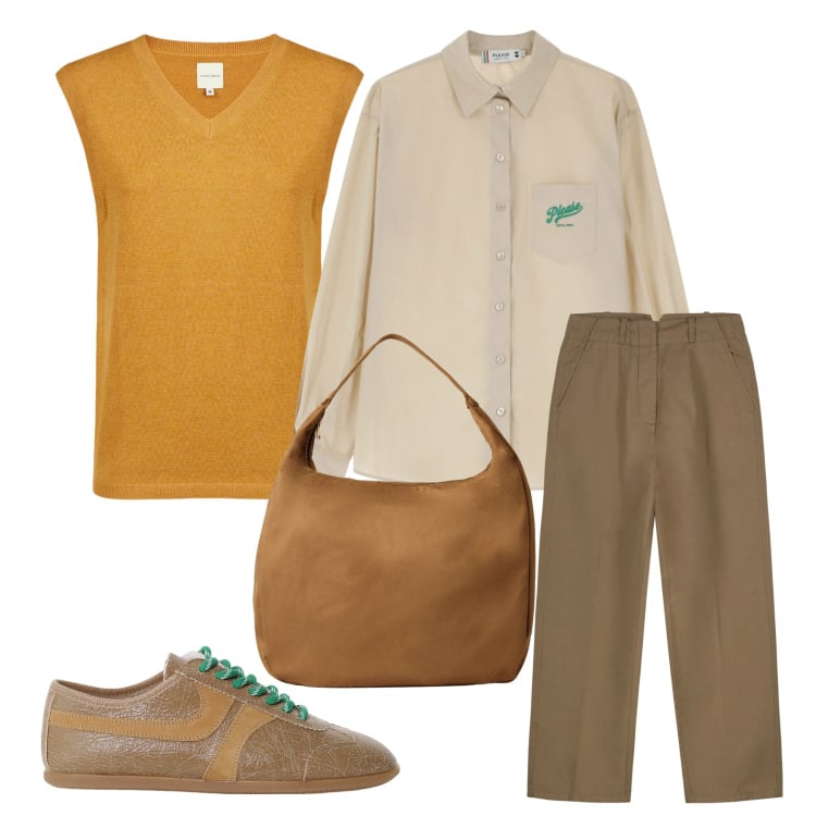 Outfit donna - Il gilet autunnale. Stile Casual per Tutti i giorni. Abbinamento con borse a mano, camicie, sneakers, maglieria, pantaloni.