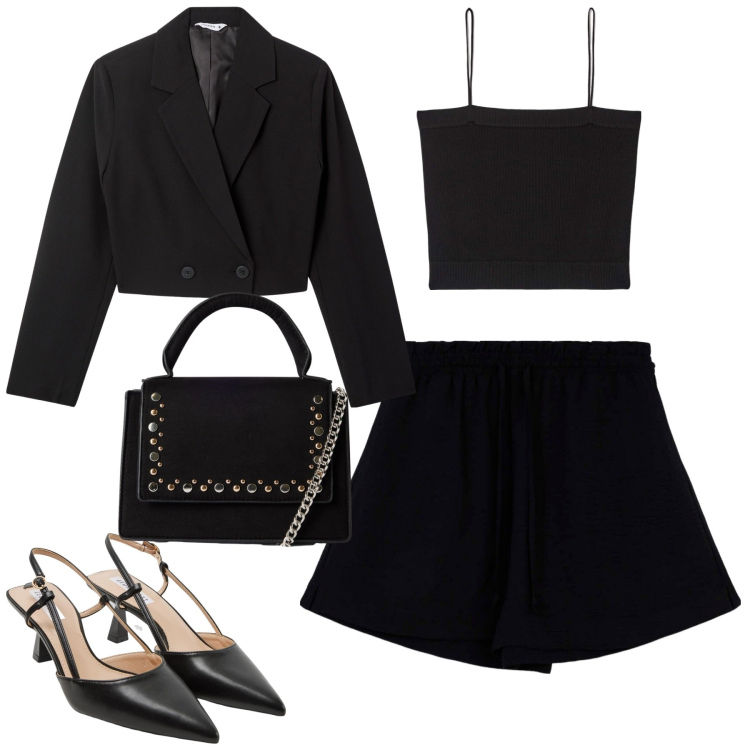 Outfit donna - Black. Stile Trendy per Tutti i giorni. Abbinamento con sabot, canottiere, blazer, shorts, borse a tracolla.