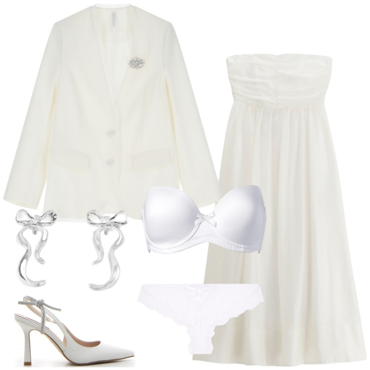 Outfit donna - Sposa di settembre. Stile Chic per Cerimonia. Abbinamento con reggiseni, orecchini, culotte, vestiti senza maniche, blazer, décolleté.