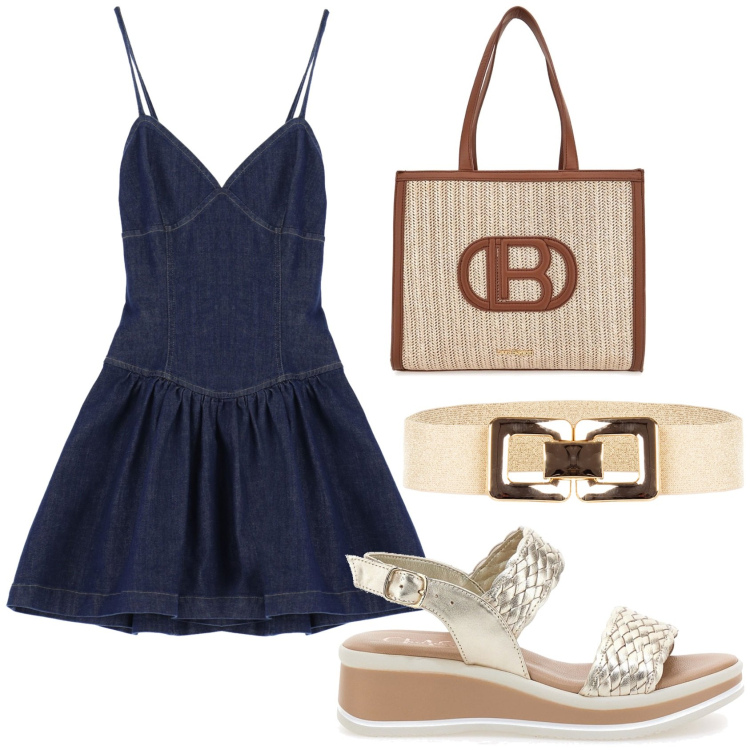 Outfit donna - Blu e beige. Stile Minimal per Tutti i giorni. Abbinamento con cinture, vestiti corti, borse a spalla, sandali.