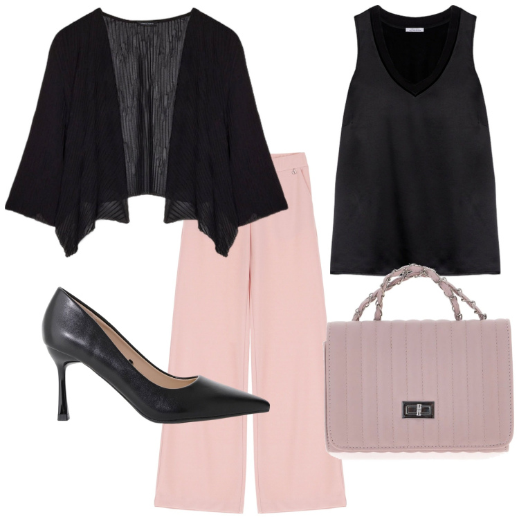 Outfit donna - Black and pink. Stile Casual chic per Tutti i giorni. Abbinamento con décolleté, pantaloni, top, bolero, borse a tracolla.