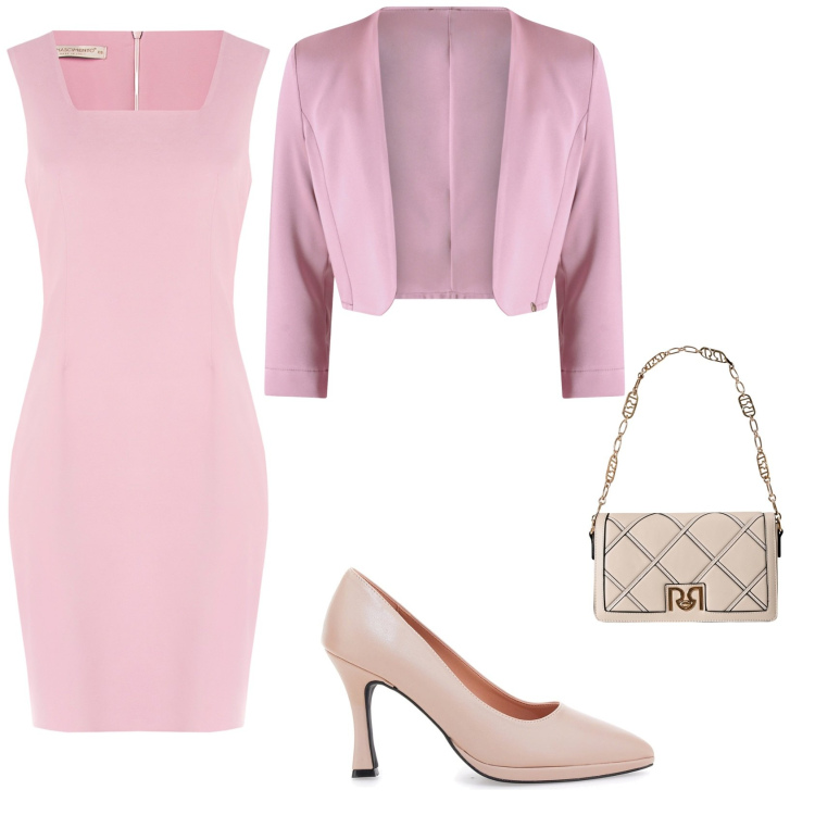 Outfit donna - Bella in rosa. Stile Chic per Cerimonia. Abbinamento con bolero, borse a tracolla, vestiti a tubino, décolleté.