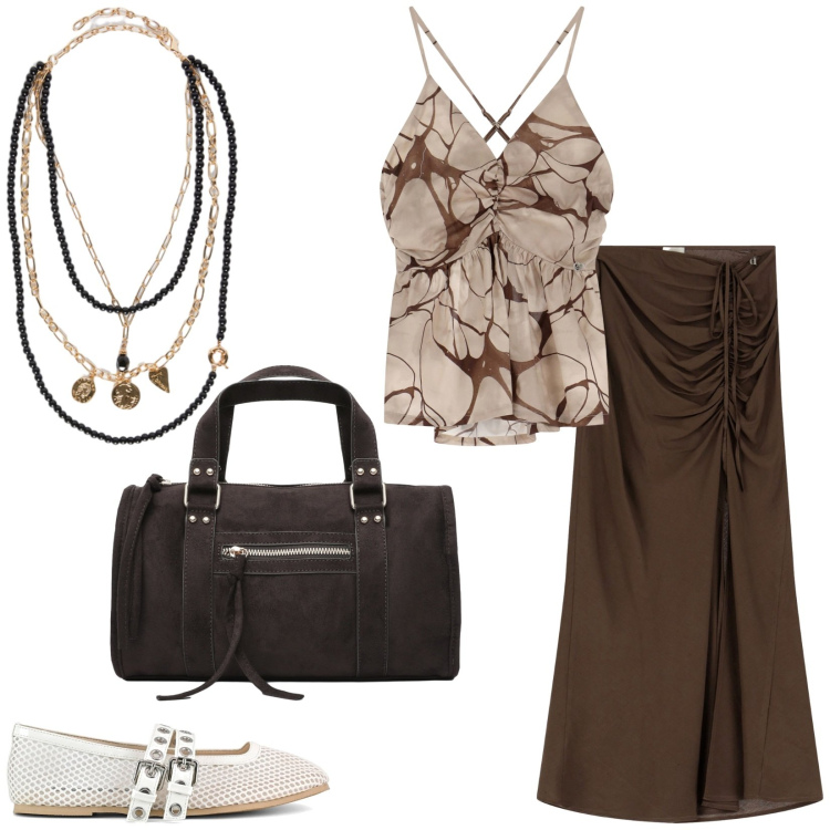 Outfit donna - Estate addosso. Stile Urban per Tutti i giorni. Abbinamento con borse a mano, canottiere, gonne lunghe, ballerine, collane.