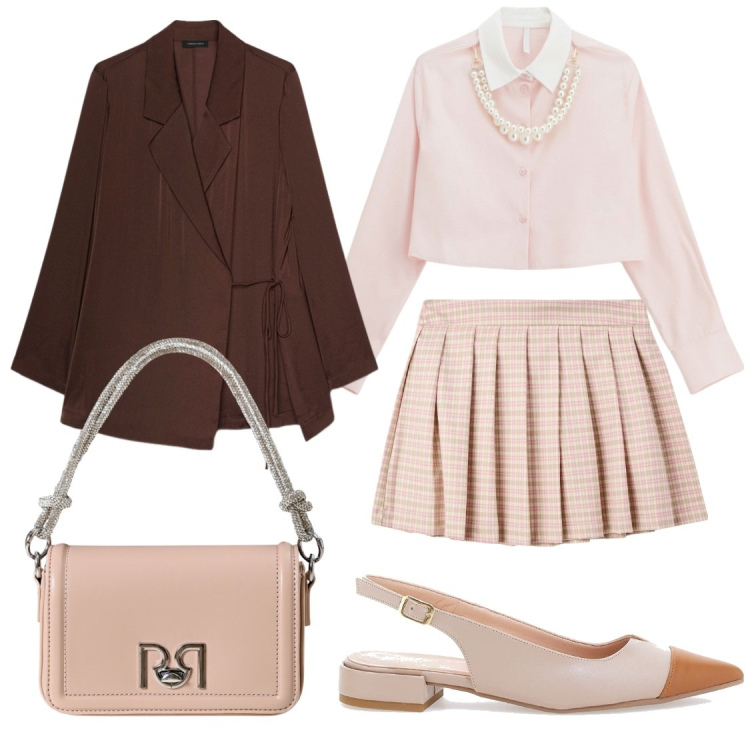 Outfit donna - Marrone cioccolato e rosa. Stile Casual chic per Ufficio. Abbinamento con minigonne, borse a mano, camicie, ballerine, blazer.
