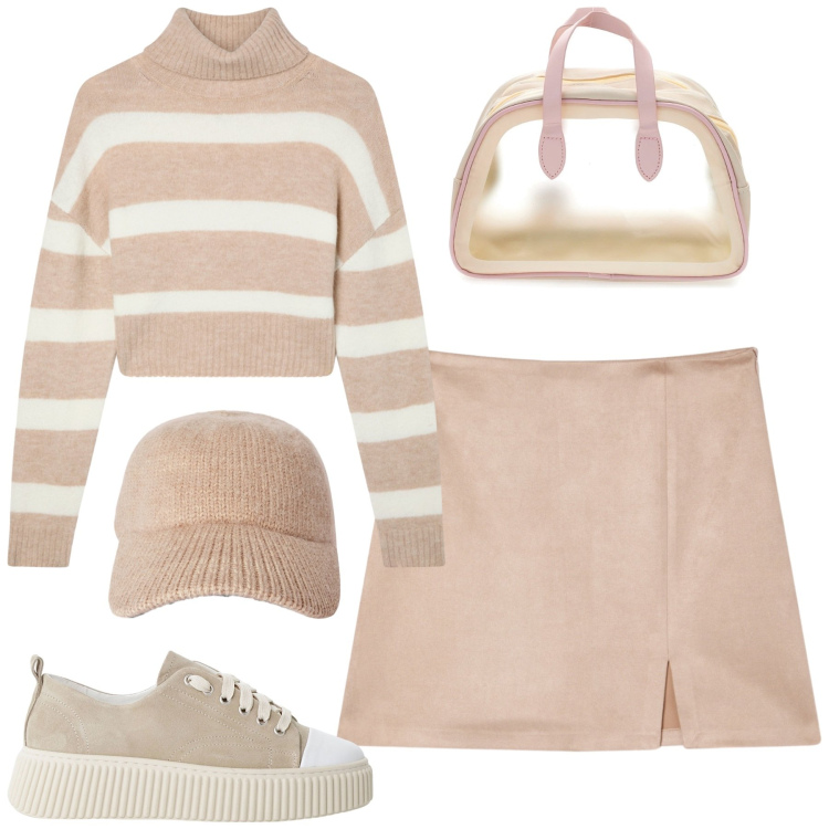 Outfit donna - Con le amiche. Stile Casual per Tutti i giorni. Abbinamento con minigonne, cappelli con visiera, maglieria, sneakers, valigie.