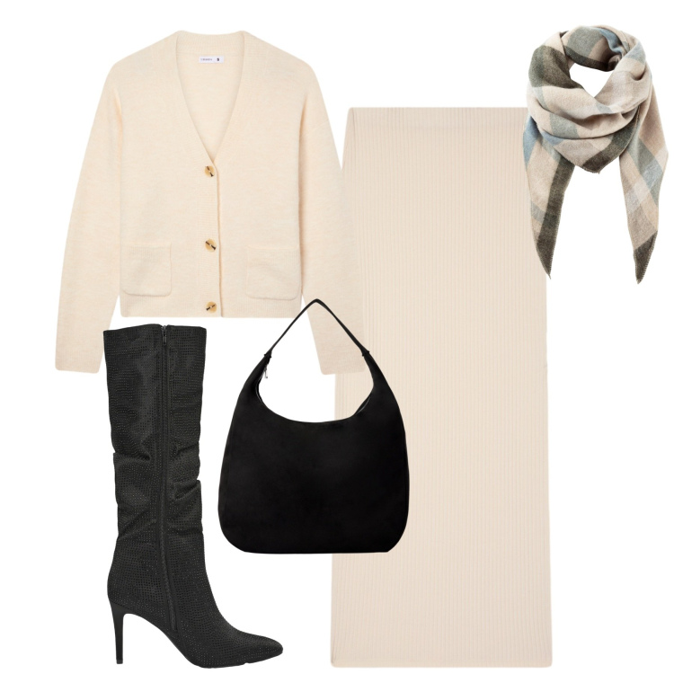 Outfit donna - City. Stile Minimal per Tutti i giorni. Abbinamento con sciarpe, gonne lunghe, borse a mano, stivali, cardigans.