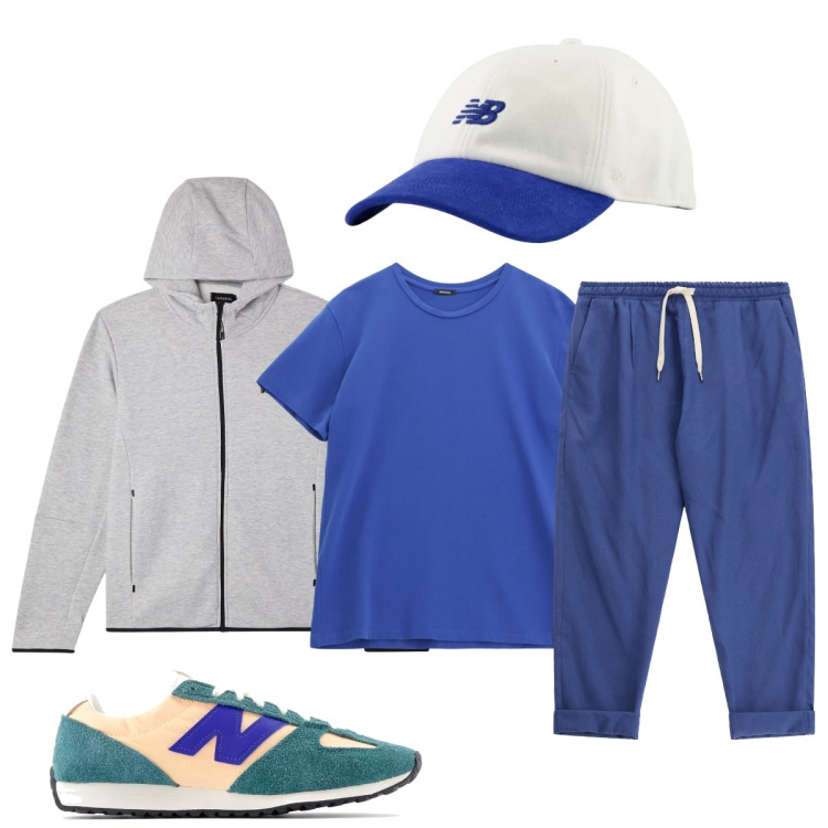Outfit uomo - Mattinata sportiva. Stile Casual per Sport. Abbinamento con felpe sportive, cappelli con visiera, sneakers, t-shirt, pantaloni sportivi.