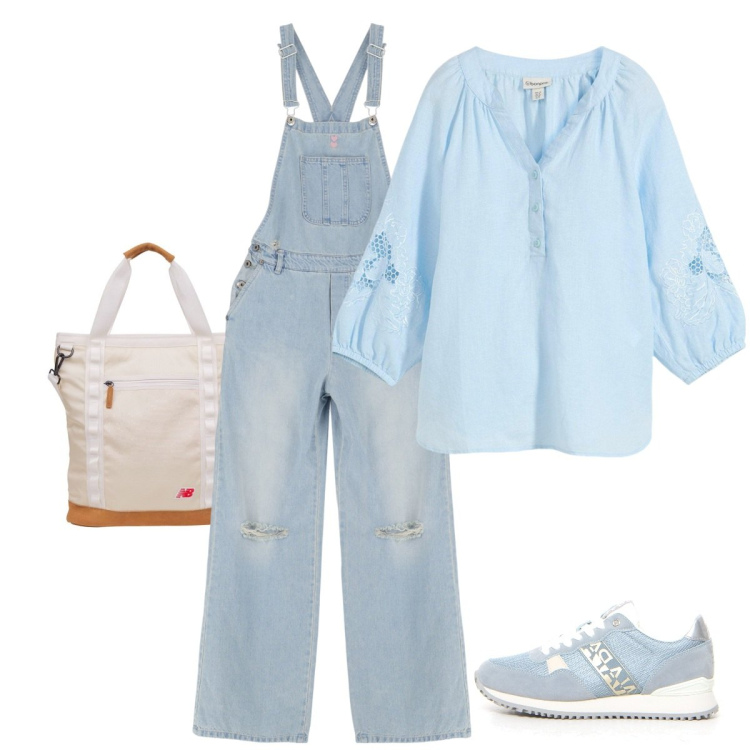 Outfit donna - Finite le vacanze. Stile Casual per Scuola/Università. Abbinamento con bluse, shopping bag, salopette, sneakers.