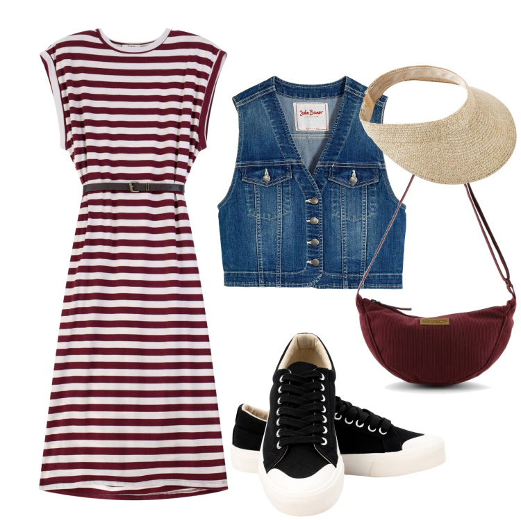 Outfit donna - Vado in ferie a settembre. Stile Minimal per Mare. Abbinamento con cappelli con visiera, gilet, vestiti midi/longuette, sneakers, borse a tracolla.