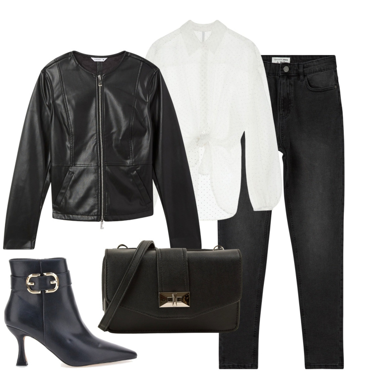 Outfit donna - B&w. Stile Casual chic per Tutti i giorni. Abbinamento con blazer, jeans skinny, borse a tracolla, camicie, stivaletti.