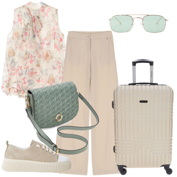 Outfit donna - Si parte a settembre. Stile Casual per Tutti i giorni. Abbinamento con sneakers, camicie, occhiali da sole, pantaloni, borse a tracolla, valigie.