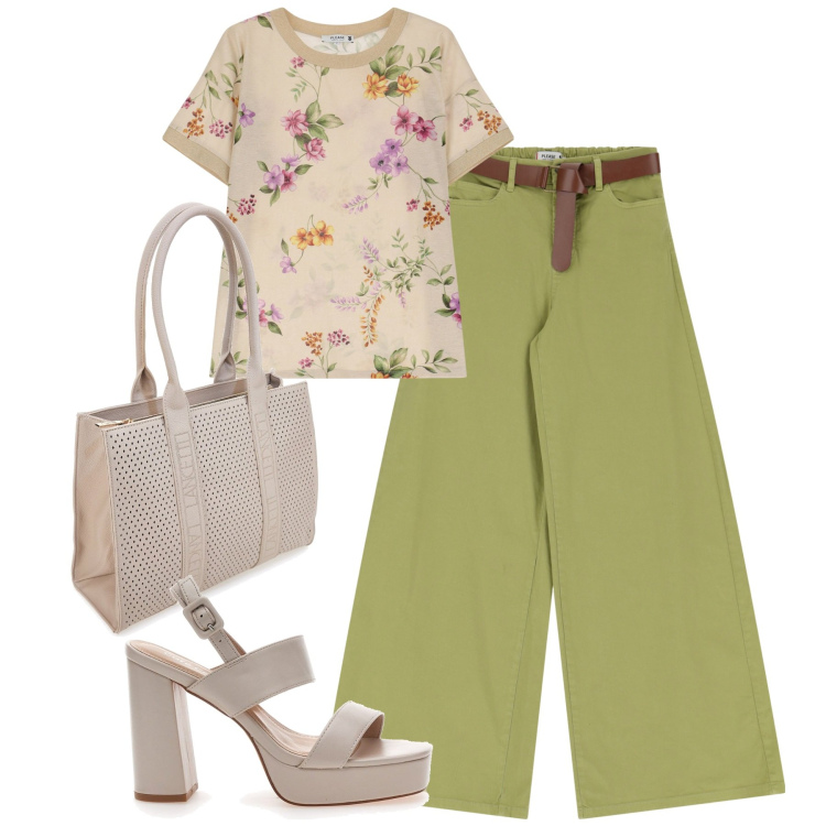 Outfit donna - Settembre. Stile Romantica per Tutti i giorni. Abbinamento con t-shirt, pantaloni, sandali col tacco, borse a spalla.