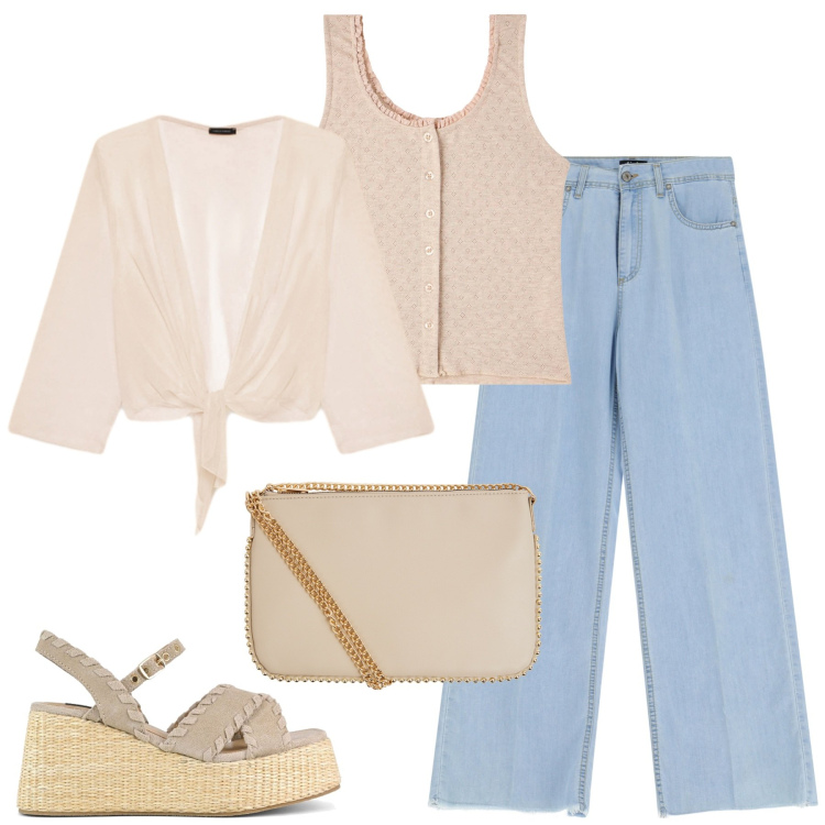 Outfit donna - Total look #2242471. Stile Basic per Tutti i giorni. Abbinamento con borse a tracolla, canottiere, jeans, zeppe, blazer.
