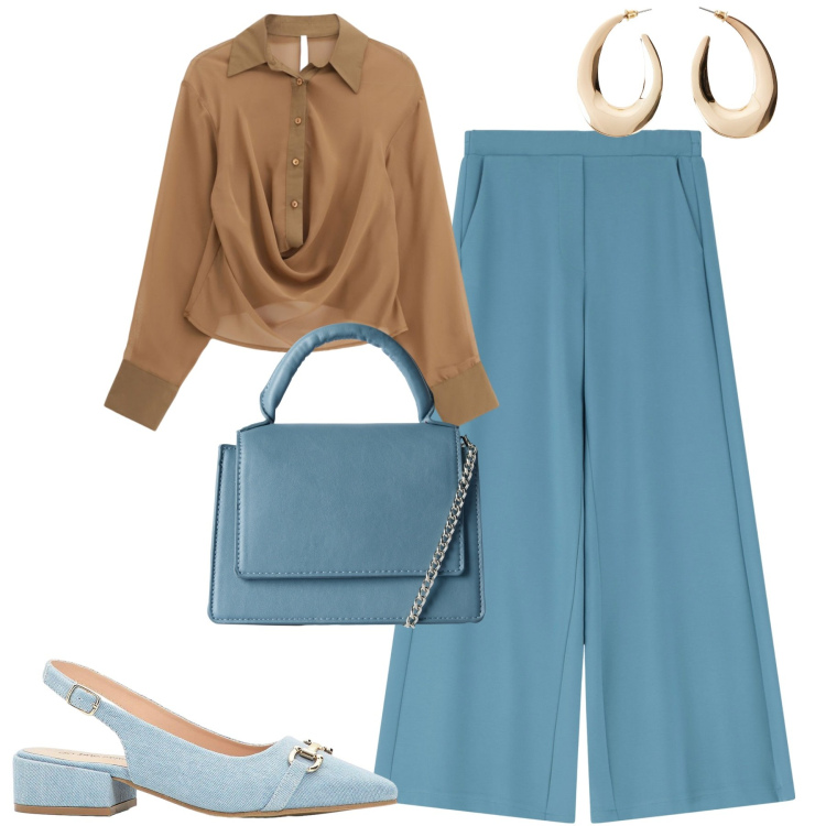Outfit donna - City. Stile Urban per Tutti i giorni. Abbinamento con orecchini, décolleté, borse a tracolla, camicie, pantaloni.