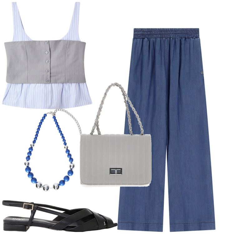 Outfit donna - Total look #2242478. Stile Casual chic per Tutti i giorni. Abbinamento con top, pantaloni, sandali, collane, borse a tracolla.
