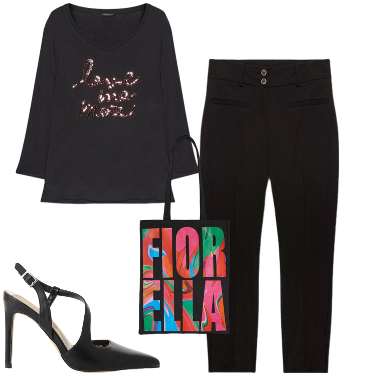 Outfit donna - Fiorella Rubino. Stile Urban per Tutti i giorni. Abbinamento con décolleté, t-shirt, borse tote, pantaloni chino.