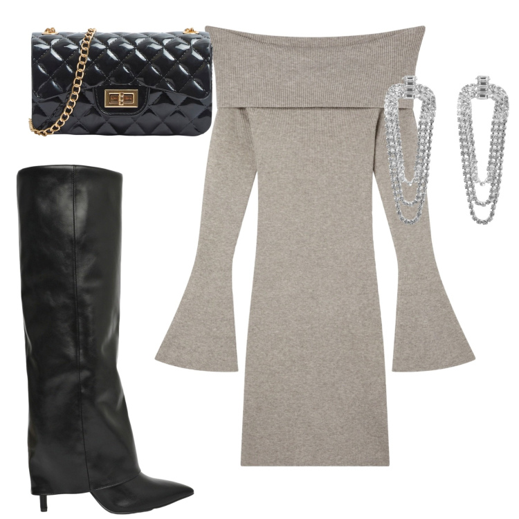 Outfit donna - Serata. Stile Trendy per Serata fuori. Abbinamento con stivali, borse a tracolla, vestiti corti, orecchini.