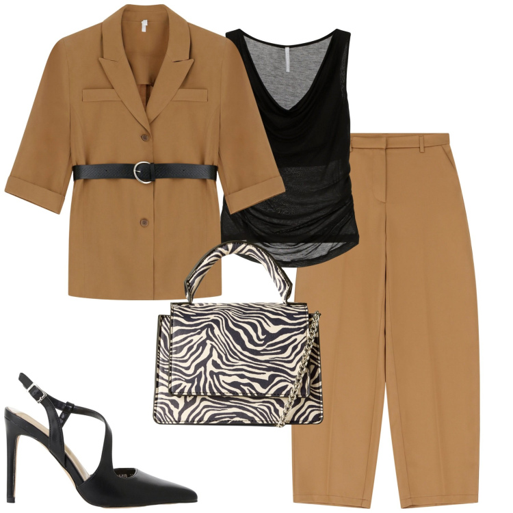 Outfit donna - City. Stile Urban per Tutti i giorni. Abbinamento con borse a tracolla, décolleté, top, blazer, pantaloni.