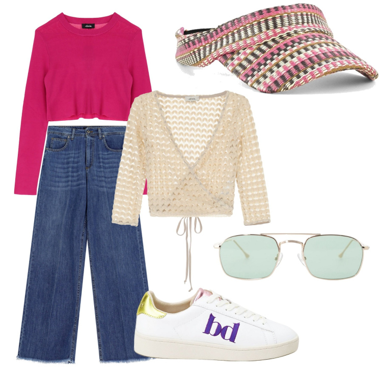 Outfit donna - Tempo libero. Stile Urban per Tutti i giorni. Abbinamento con occhiali da sole, top, sneakers, jeans, pullovers, cappelli con visiera.