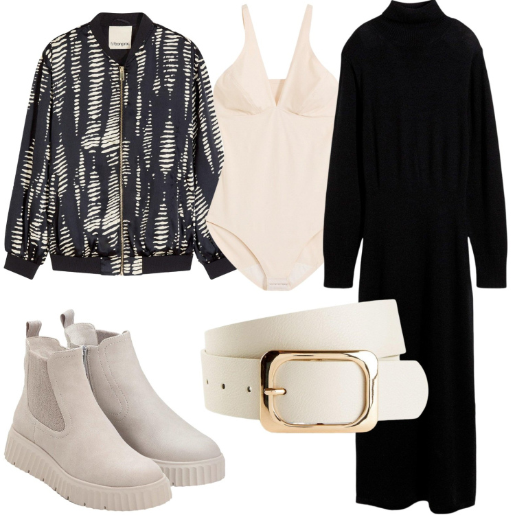 Outfit donna - Bomber zebrato. Stile Casual chic per Tutti i giorni. Abbinamento con cinture, vestiti, body, bomber, stivaletti.
