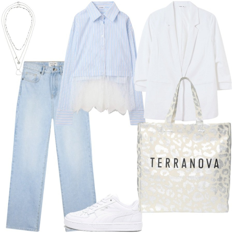Outfit donna - Terranova style. Stile Casual per Tutti i giorni. Abbinamento con collane, blazer, camicie, borse tote, jeans dritti, sneakers.