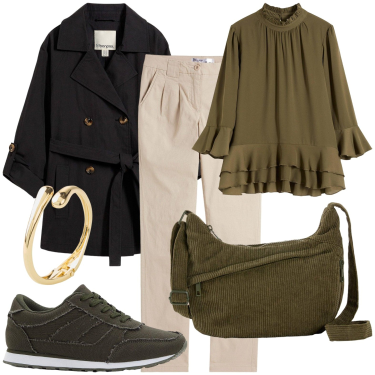 Outfit donna - Trench nero. Stile Casual per Tutti i giorni. Abbinamento con bluse, pantaloni chino, trench, braccialetti, sneakers, borse a tracolla.