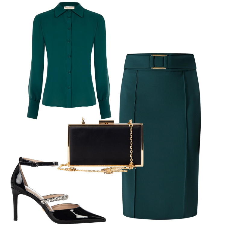 Outfit donna - Elegante. Stile Chic per Serata fuori. Abbinamento con gonne, camicie, pochette, décolleté.