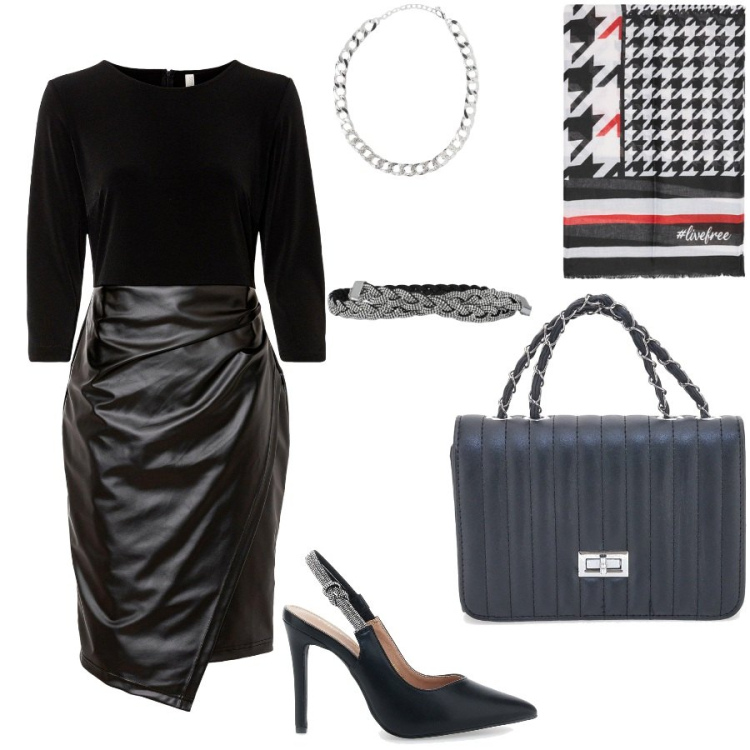Outfit donna - Cena fuori. Stile Glamour per Serata fuori. Abbinamento con vestiti, cinture, collane, décolleté, foulard, borse a tracolla.