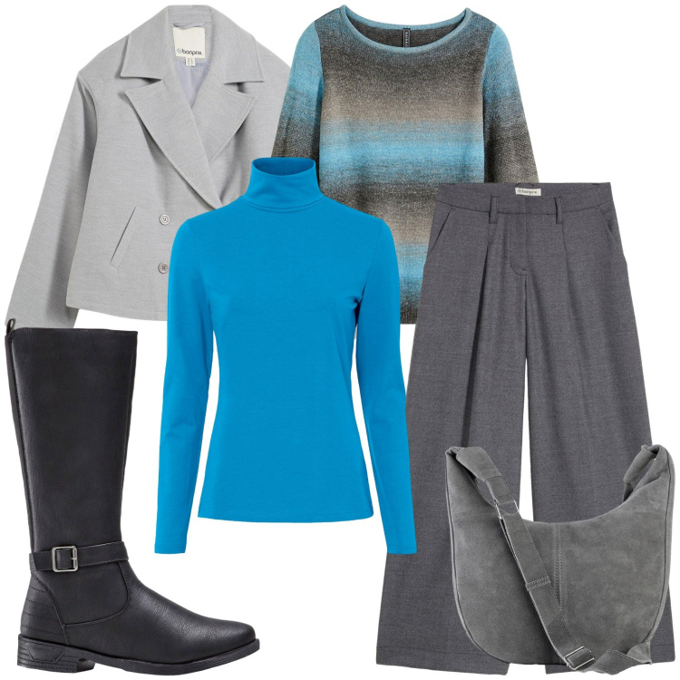 Outfit donna - Caban grigio. Stile Casual per Ufficio. Abbinamento con borse a mano, maglieria, pantaloni, stivali, maglieria, caban.