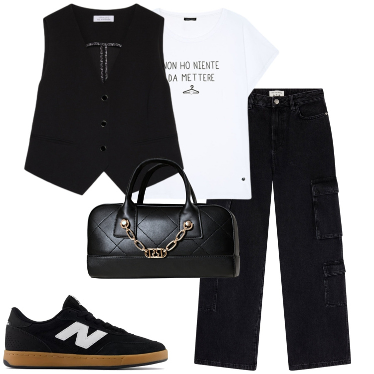 Outfit donna - City. Stile Casual chic per Tutti i giorni. Abbinamento con jeans, sneakers, borse a mano, gilet, t-shirt.